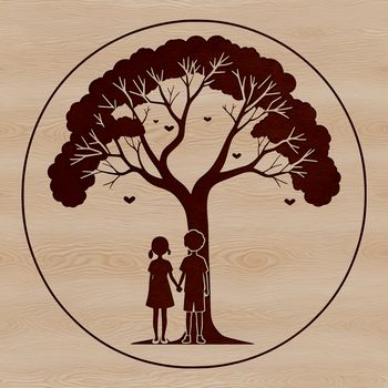 A stylized illustration of two people embracing beneath a lush tree branch, suitable for Valentine's Day designs.