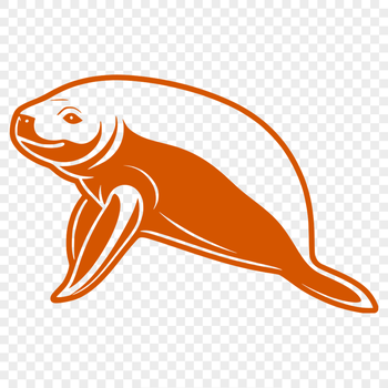 A stylized illustration of a manatee swimming in the ocean.