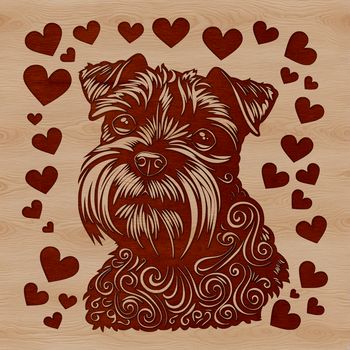 A close-up illustration of a miniature schnauzer's head with intricate details and ornate design elements.