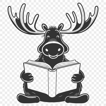 A large, wild animal with antlers reading a book in a forest setting.