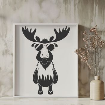 A moose wearing sunglasses in a natural habitat.