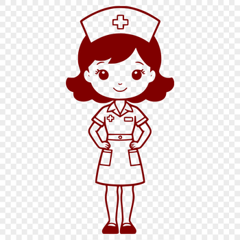 A female figure in a nurse's uniform, standing in front of a white background.