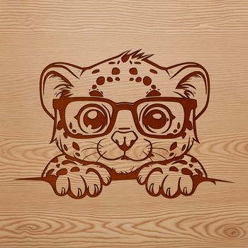 A wild ocelot's head is peeking out from behind foliage in this detailed vector design.
