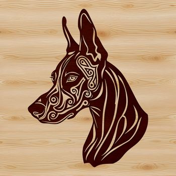A detailed illustration of a Doberman Pinscher's head with ornate features, suitable for vector design.