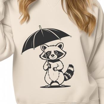 A graphic illustration of a raccoon holding an umbrella.