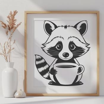A stylized illustration of a raccoon holding a coffee cup.