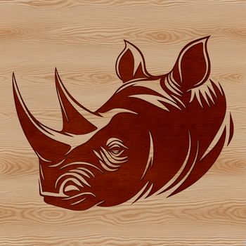 A black and white illustration of a rhino in a natural setting.
