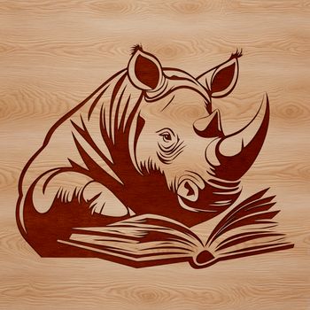 A vector illustration of a rhino reading a book in a savannah environment.