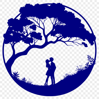 A stylized illustration of a tree with intertwined lovers in its branches, suitable for wedding or Valentine's Day designs.