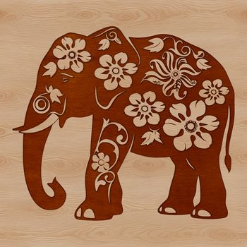 A stylized elephant standing on its hind legs with intricate floral patterns surrounding its body.