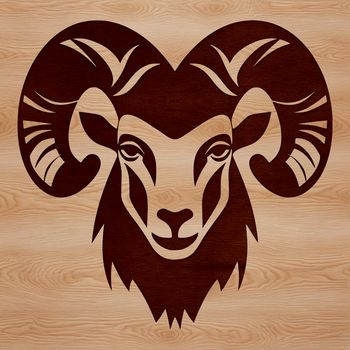 A detailed illustration of a ram's head with distinct facial features and fleece.