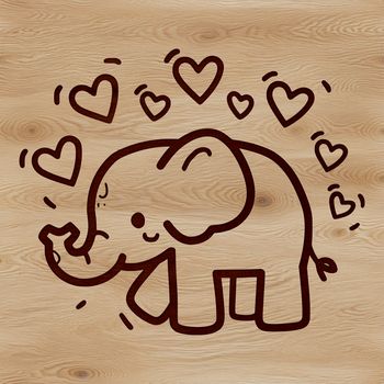 A simple line drawing of a standing elephant with heart symbols incorporated into the design.