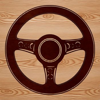 A detailed illustration of a car steering wheel with intricate design elements.
