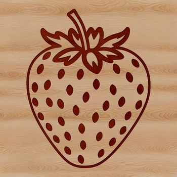 A stylized illustration of a ripe red strawberry with green leaves.