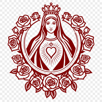 A stylized illustration of the Immaculate Heart with floral elements.