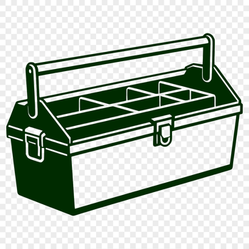 A minimalist illustration of a toolbox with various tools stored inside.