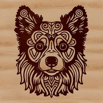An ornate design featuring the distinctive markings of an Australian Shepherd breed.