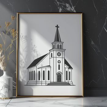 An illustrated representation of a traditional Baptist church building with a prominent steeple and entrance.