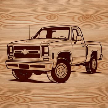 A graphic representation of a rugged pickup truck with a cargo bed and cab.