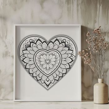 Vector illustration of a stylized love heart surrounded by mandala-inspired geometric motifs.