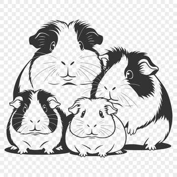 A cute and endearing illustration of a guinea pig in a living room setting with its family.