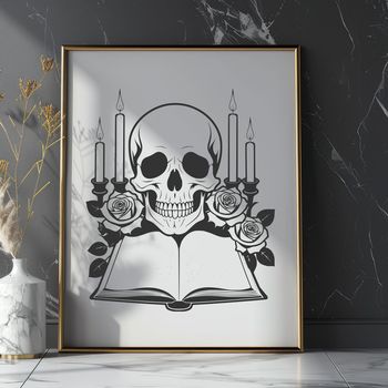 A gothic-style skull with intricate details, illuminated by a candle flame in the background.