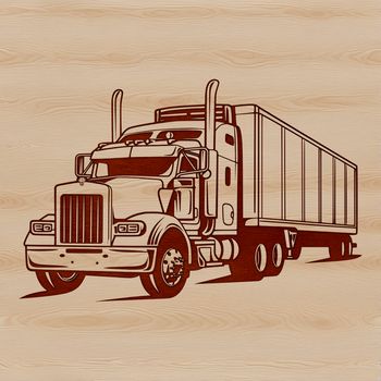 A detailed illustration of a semi truck featuring a long trailer and wheels.