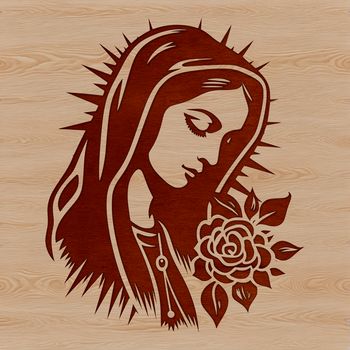 Ornate illustration of the Virgin Mary with floral patterns in her headdress.
