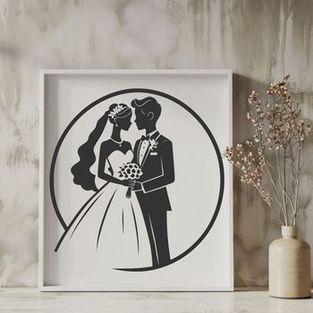 A romantic illustration of a bride and groom embracing on their special day.