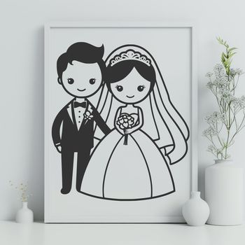 A digital illustration of a happy couple on their wedding day, surrounded by floral arrangements.
