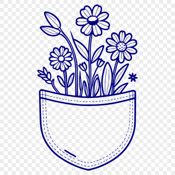A colorful illustration of a flower-shaped pocket with petals and center details.