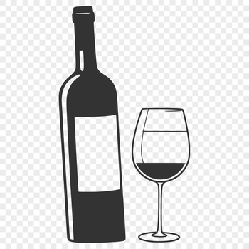 An illustration of a wine glass with a full bottle in the background.