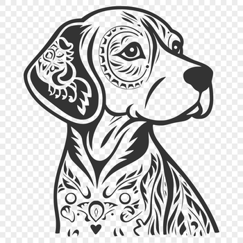 Close-up illustration of a beagle's head with ornate details.