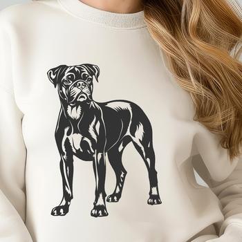 A detailed illustration of a standing Boxer dog from the front view.