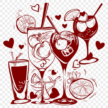 A stylized illustration of a cocktail in a glass with love hearts surrounding it.
