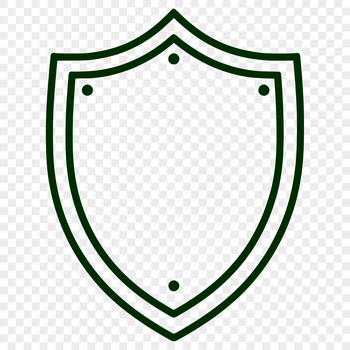 A simple line drawing illustration of a shield with rounded edges and a central emblem.