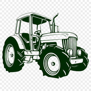 A detailed illustration of a farm tractor with rolling hills in the background.