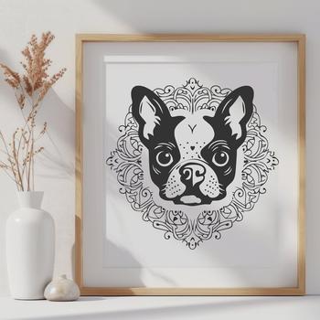 A close-up illustration of a Boston Terrier's head, featuring a distinctive brindle pattern.