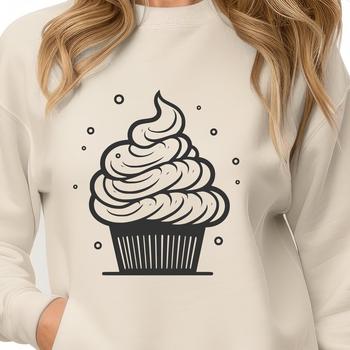 A colorful cupcake with frosting and sprinkles on a white background.