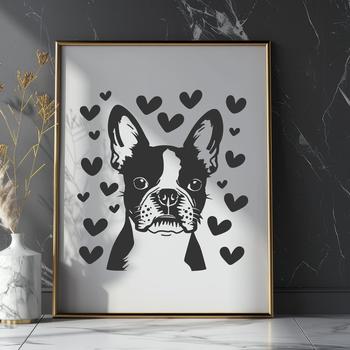 A close-up illustration of a happy Boston Terrier dog's head with loving hearts surrounding its features.