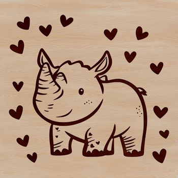 A stylized illustration of a rhino with heart symbols incorporated into its design.