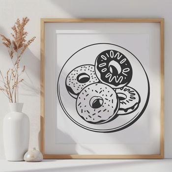 A single-colored illustration of a round-shaped donut with various toppings and decorations.