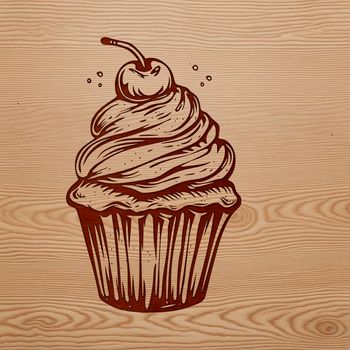 A vector graphic design featuring a stylized depiction of a cupcake with frosting and sprinkles.