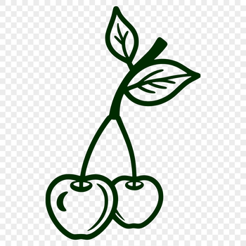 A stylized illustration of a single red cherry with a green stem.