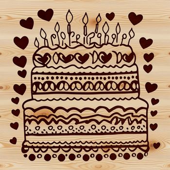 A stylized graphic illustration of a birthday cake with heart decorations, perfect for use in digital designs and crafts.