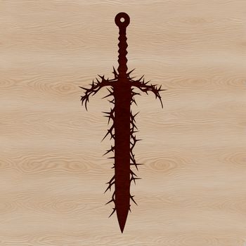 A detailed illustration of a sword with thorns on the handle and blade.