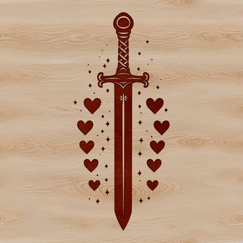 A stylized sword with love hearts embedded in the design.