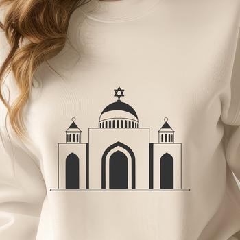 A detailed vector illustration of a traditional synagogue exterior with architectural features.