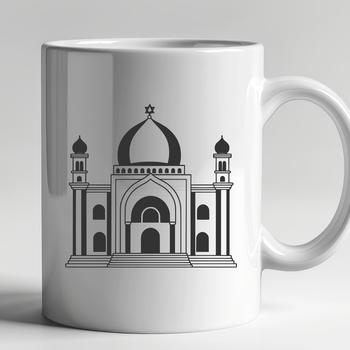 A detailed illustration of a synagogue building with arches and a dome.
