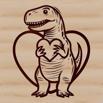 A prehistoric T Rex dinosaur with love hearts scattered across its body, designed as vector art for use in digital designs.